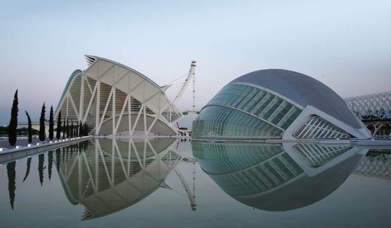 The white shells and reflecting pools of Valencia's City of Arts and Sciences, at the seaward end of the Turia gardens.